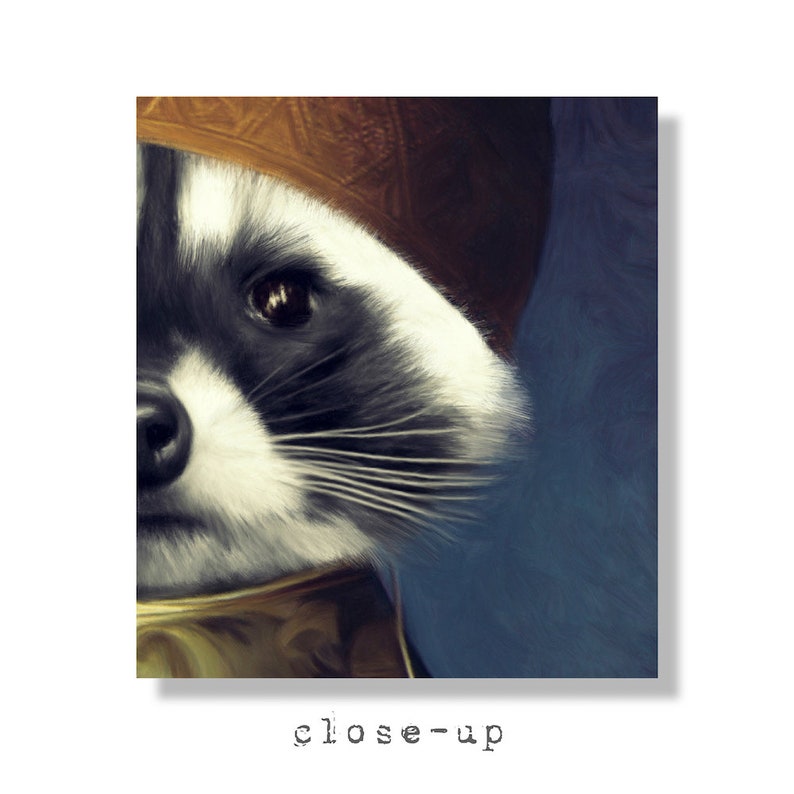 May include: Close-up of a raccoon's face, with a brown and gold patterned hat. The raccoon has black and white fur and a dark nose.