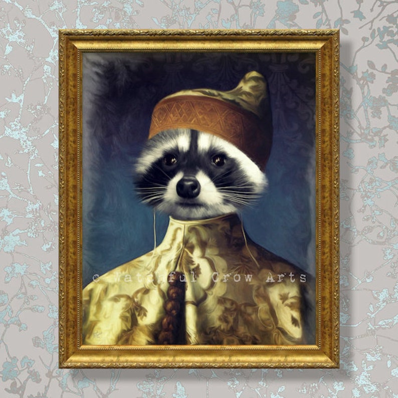 May include: A raccoon wearing a gold and brown turban and a gold patterned robe. The raccoon is looking directly at the viewer. The painting is framed in a gold frame.
