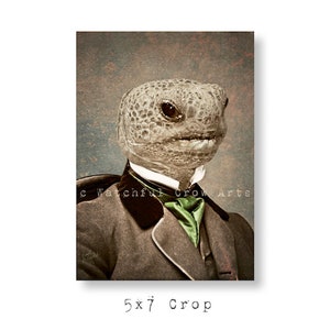 May include: A vintage-style portrait of a reptile-headed figure in formal attire. The figure wears a dark gray suit with a green ascot and a white collared shirt. The image has a textured, aged appearance, with the text "Watchful Crow Arts" visible.
