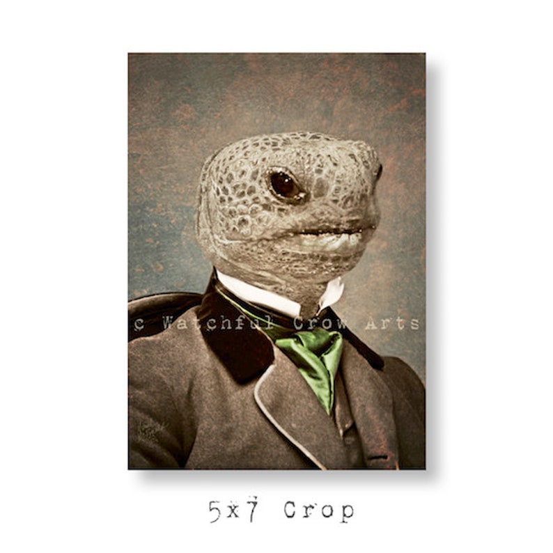 May include: A vintage-style portrait of a reptile-headed figure in formal attire. The figure wears a dark gray suit with a green ascot and a white collared shirt. The image has a textured, aged appearance, with the text "Watchful Crow Arts" visible.