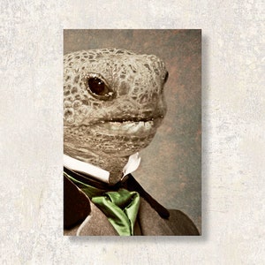 May include: A sepia-toned portrait of a tortoise wearing a suit jacket with a green satin tie. The tortoise has a textured, patterned shell and is looking to the side. The background is a muted, textured brown.