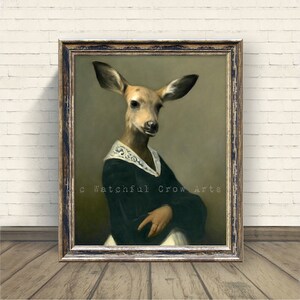 May include: A painting of a deer with a human-like body wearing a green dress with a white lace collar. The deer is looking directly at the viewer with a serious expression. The painting is framed in a dark wood frame.