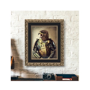 May include: A framed print of a hawk wearing samurai armor. The hawk is looking to the right and has its mouth open. The background is a faded brown color.