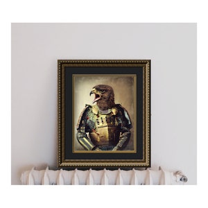 May include: A framed print of a brown and black hawk wearing a colorful samurai armor with a gold helmet. The hawk is looking to the left and has its mouth open. The background is a faded brown color.