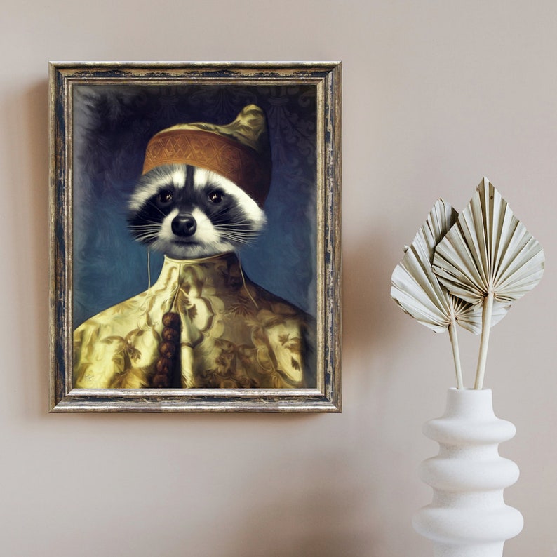 May include: A framed painting of a raccoon wearing a gold and brown turban and a gold and white patterned robe. The raccoon has a serious expression and is looking directly at the viewer.