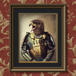 May include: A framed portrait of a hawk wearing a gold and green samurai armor. The hawk is looking to the left and has its mouth open. The background is a faded brown color.