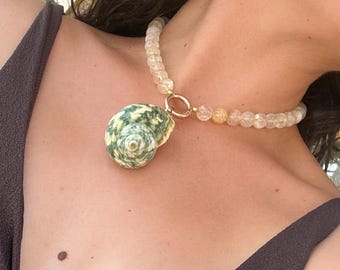 Seashell Necklace, citrine beaded necklace, beach accessorie, beach necklace, summer necklace