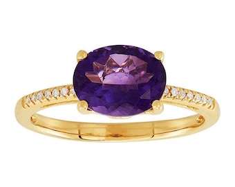 10K Yellow Gold Amethyst & Diamond-Set Ring, February Birthstone, gold ring, amethyst ring