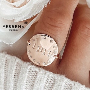 11:11 Anillo de número de ángel lleno de oro, joyas estampadas a mano, 1111 joyería, pedir un deseo, despertar