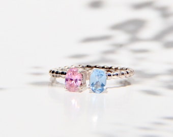 Mother's day Personalized Ring, 2 Gemstones Ring, Custom made mom ring, Blue Topaz or Pink Topaz Gemstones