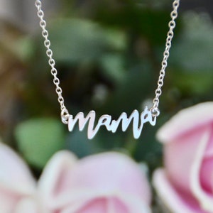 May include: A silver necklace with a cursive 'mama' pendant. The necklace is photographed against a blurred background of pink roses.