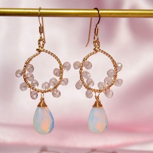 14k Gold Filled Opalite and Rose Quartz Natural Stone Earrings