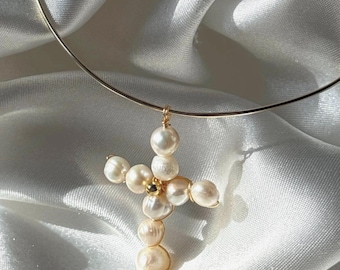 Cross Necklace, pearls choker, freshwater pearls, cross, god, Christmas gift
