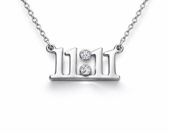 11:11 Sterling Silver Angel Number, Numerology pendant, Necklace with Zirconia, pendant, hand stamped jewelry, 1111 Jewelry, Make a wish
