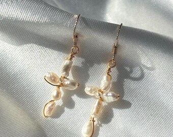 14k Gold Filled Cross pearls earrings