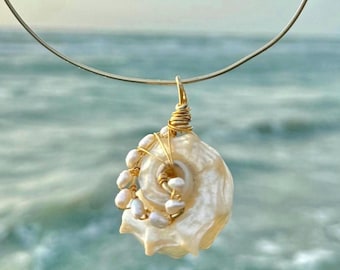 Handmade Seashell Choker, Freshwater Pearls, Gold Wire
