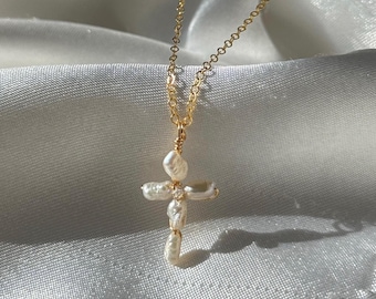 Cross Necklace, 14k Gold filed dainty necklace, freshwater pearls, cross, god, Christmas gift