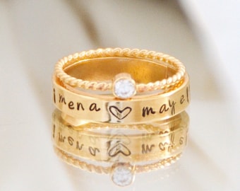 14k Solid Gold Rings for Mother’s Day, Engraved kids Names, Hand stamped names and Cubic Zirconia Ring