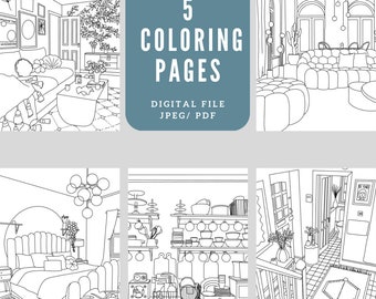 5 páginas para colorear para adultos imprimibles, Boho, Interior moderno, Página para colorear, Casa de ensueño, Casa noruega, Descarga instantánea