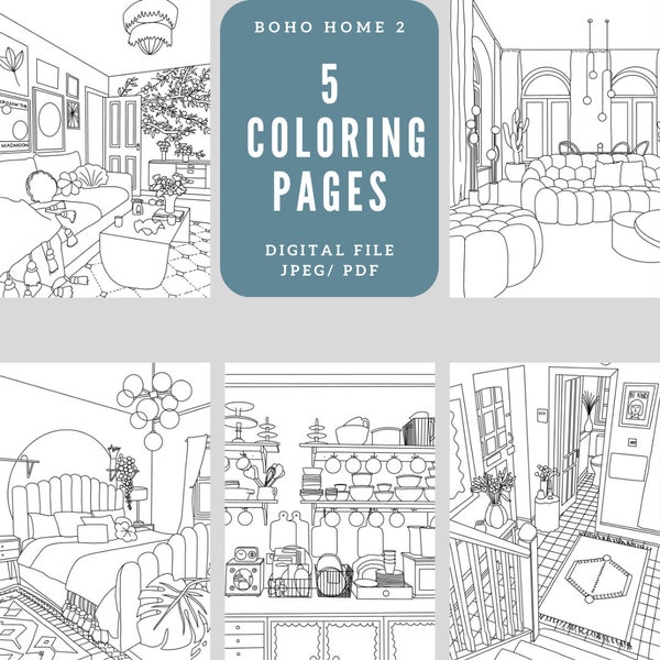 5 Printable Adult Colouring Pages, Boho, Modern Interior, Coloring Page, Dream Home, Norwegian House, Instant Download
