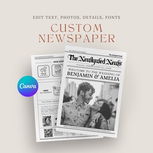 Plantilla de periódico para bodas Newlywed Times Programa de bodas personalizado Búsqueda de palabras para bodas Programa del día de la boda plegable e imprimible Cronología