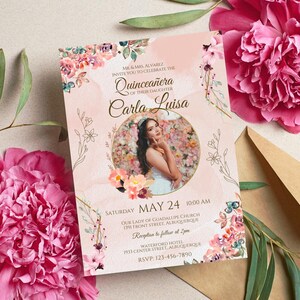 Editable Quinceañera Invitation, Blush Pink Floral Mis Quince Anos, Digital Birthday Invite, Birthday Girl Invitation Template, Quince Evite