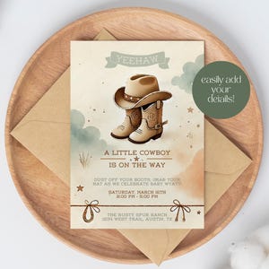 Cowboy babyshower uitnodiging sjabloon, kleine cowboy onderweg uitnodigen, bewerkbare babyshowerkaart, uitnodiging rodeo babyjongen, digitale Evite