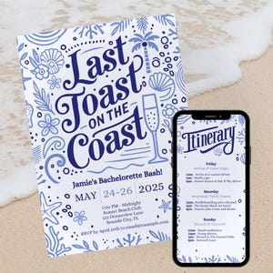 Last Toast on the Coast Bachelorette Invitation Itinerary Template, Beach Bachelorette Hen Do Invite, Coastal Beach Bach Weekend