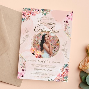 DIY Blush Floral Quinceañera Invitation, Pink Flowers Quinceñera Invite, DIY Editable Birthday Invitation Template, 15th Birthday Invite