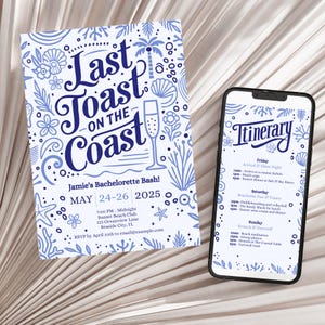 Last Toast on the Coast Bachelorette Invitation, Coastal Bachelorette Party Travel Itinerary Template, Blue Hen Do Invite Beach Bachelorette