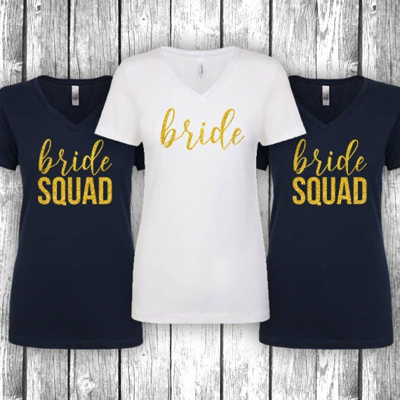 Bride Squad - Bridal Bachelorette Party V-Neck Shirts V Neck Tops - Bridesmaid Shirts Gold Silver Glitter Foil Print