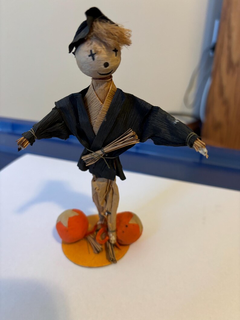Vintage Japan Spun Cotton Crepe Paper Halloween Scarecrow 6 Inches Tall