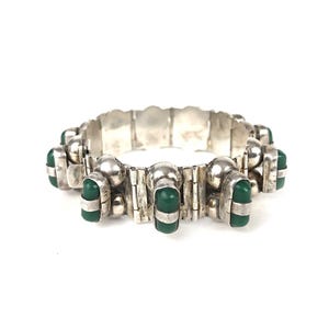 Mexico Sterling Silver 925 Vintage Link Bracelet Capsule Shape Green Onyx 7.25&quot;