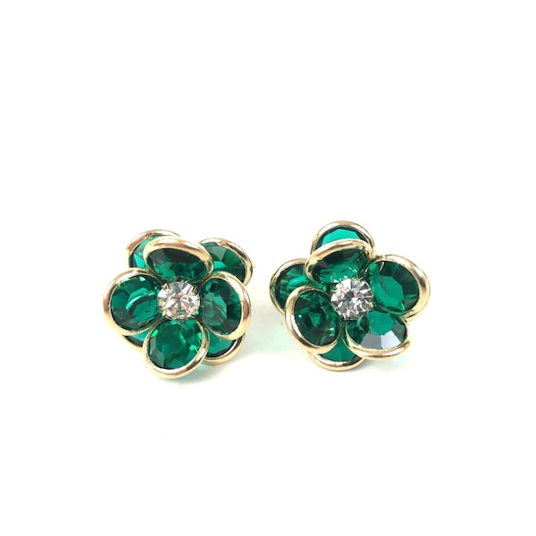 Swarovski Green Crystal Clip on Vintage Earrings Vonelle Costume Jewelry VGC