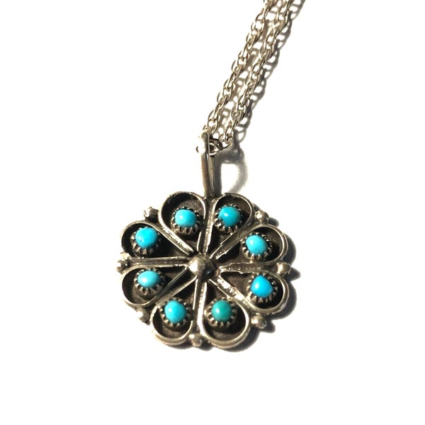 Zuni Sterling Delicate Petit Point Native American Turquoise Pendant Necklace
