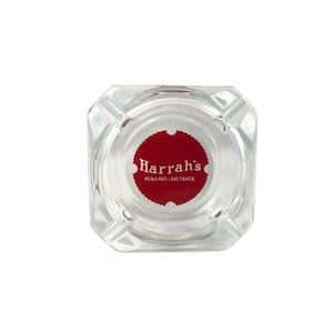Glass Ashtray Vintage Harrah&#39;s Casino Clear Reno & Lake Tahoe Nevada Red Logo