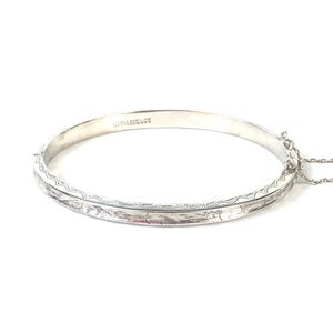 Engraved Bangle Bracelet Concave Design Hinged Sterling Silver Vintage w Chain