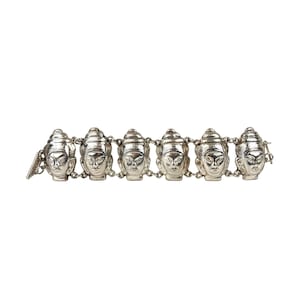 Buddha Head Wide Puff Link Sterling Silver 925 Vintage Repousse Bracelet 8&quot;