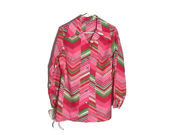 70's Pink Zig-Zag Chevron Pykettes Psychedelic Disco Butterfly Collar Blouse Shirt