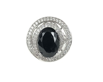 Black Spinel Spiral Statement Ring Sterling Silver 925 CZ Sz 7 Estate Find