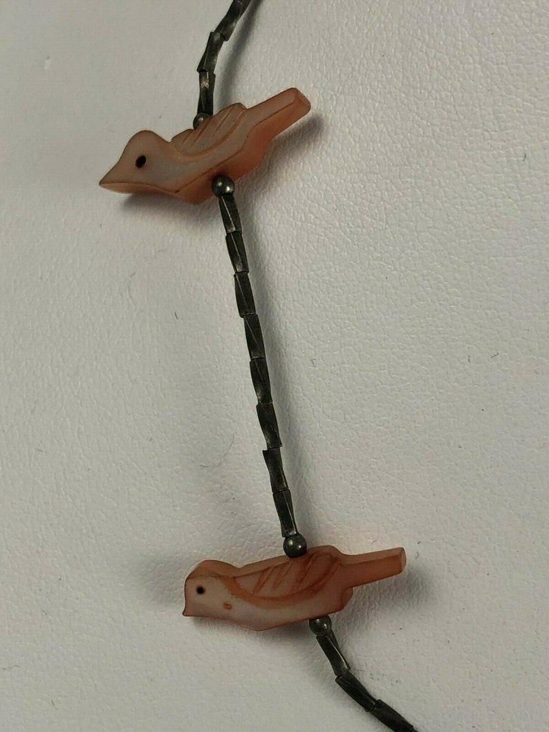 Vintage Sterling Silver Southwestern Pink Mother of Pearl Bird Fetish Necklace