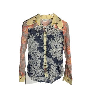 1970's F/O/B/L.A. Womens Patchwork Sheer Shirt w Rounded Collar Tips MOP Buttons