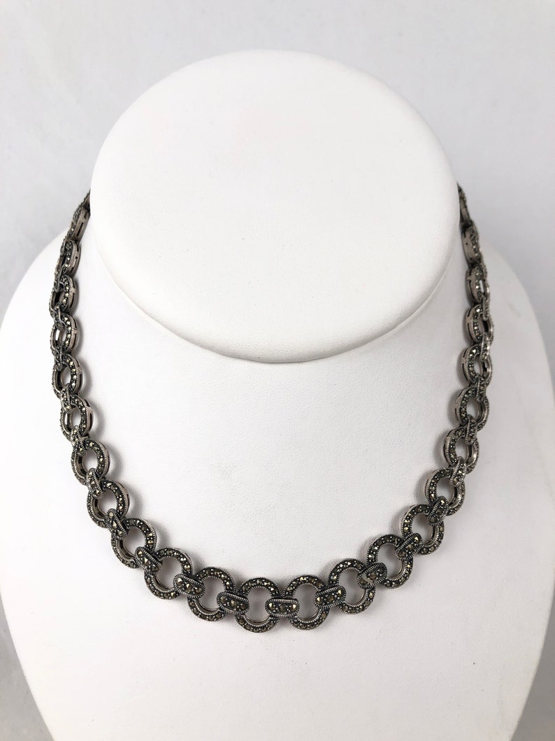 Marcasite Sterling Silver 925 Oval Link Choker Necklace Estate Find 16.5