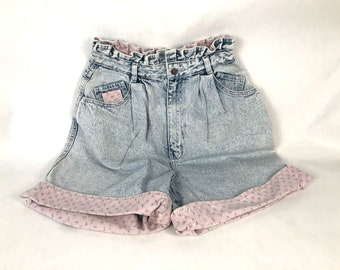 Anchor Blue Cuffed Calico Denim Baggy Hohe Taille Shorts Paperbag Rüschen Sz 9