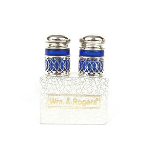 Wm A Rogers NOS Boxed Cobalt Glass Silverplate Salt Pepper Shakers Made in Japan