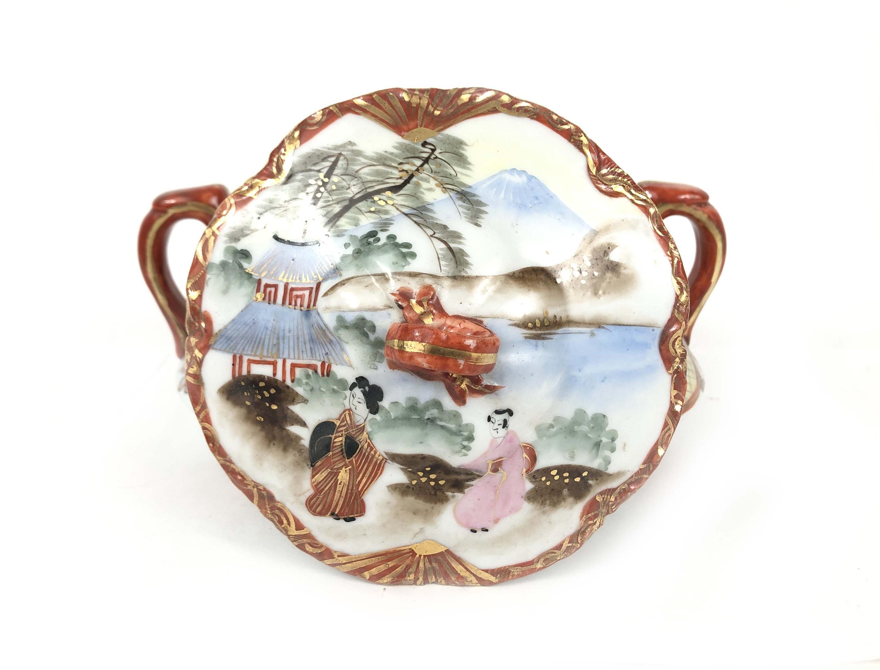 九谷焼 アンティーク シュガーポット 8インチ 明治時代 VGC 手描き