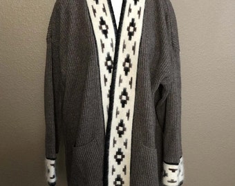 Southwestern Aztec Lilly of California 80's Long Cardigan Sweater Wool Blend