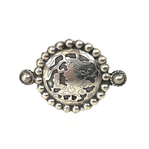 Mayan Azteken 900 Silber Overlay Pin Brosche 6,5 cm, Guatemala, gebrauchter Schmuck