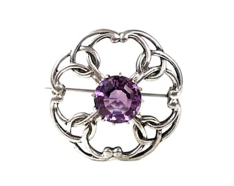 Scottish Amethyst Heart Knot Sterling Silver 925 Pin Brooch 1.5" Estate Jewelry
