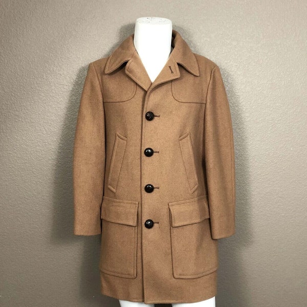 1960s Pendleton Vintage Wool Car Coat Brown Long Jacket Leather Buttons Lined ML